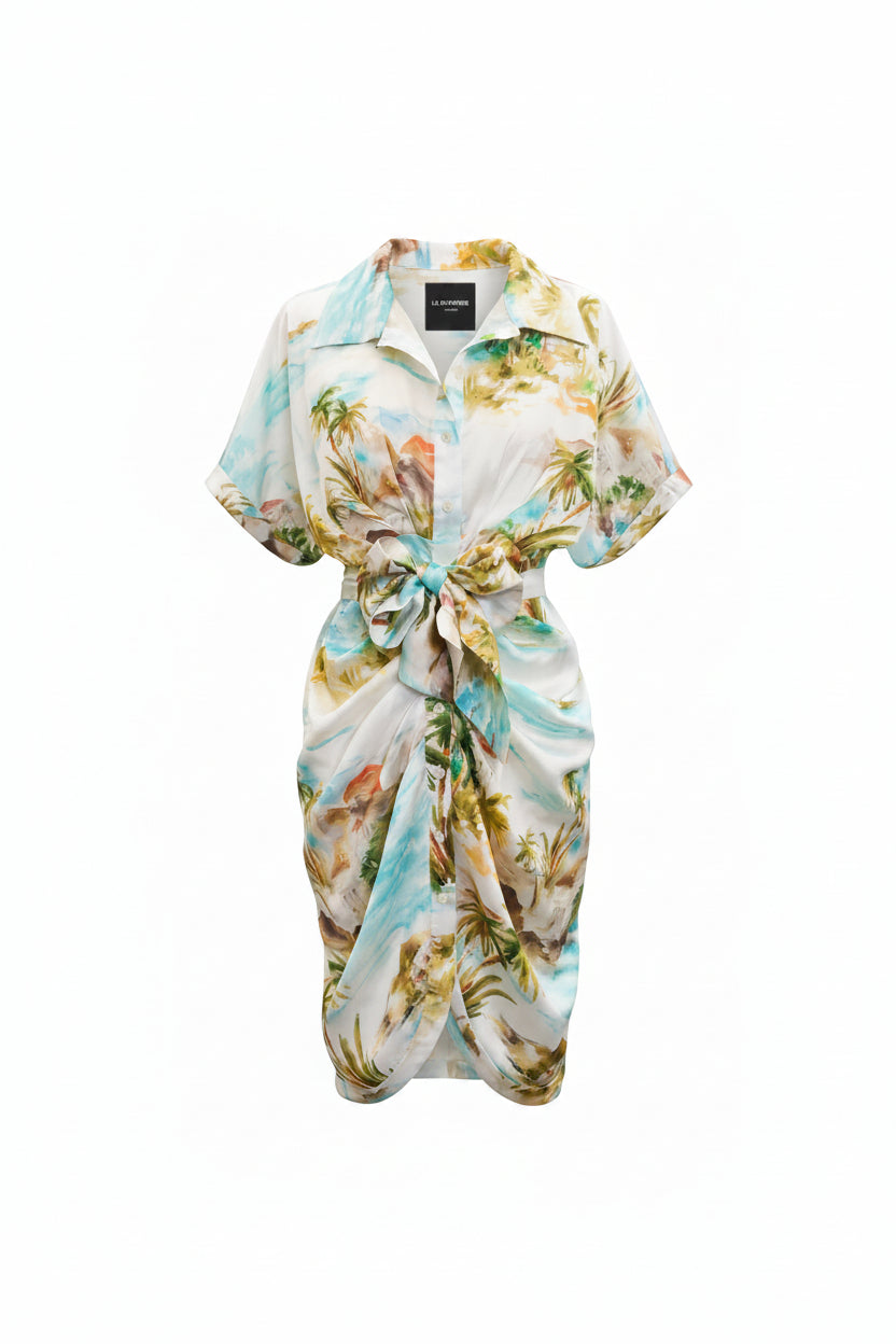 Floral patterned dress with a brand label on a white background