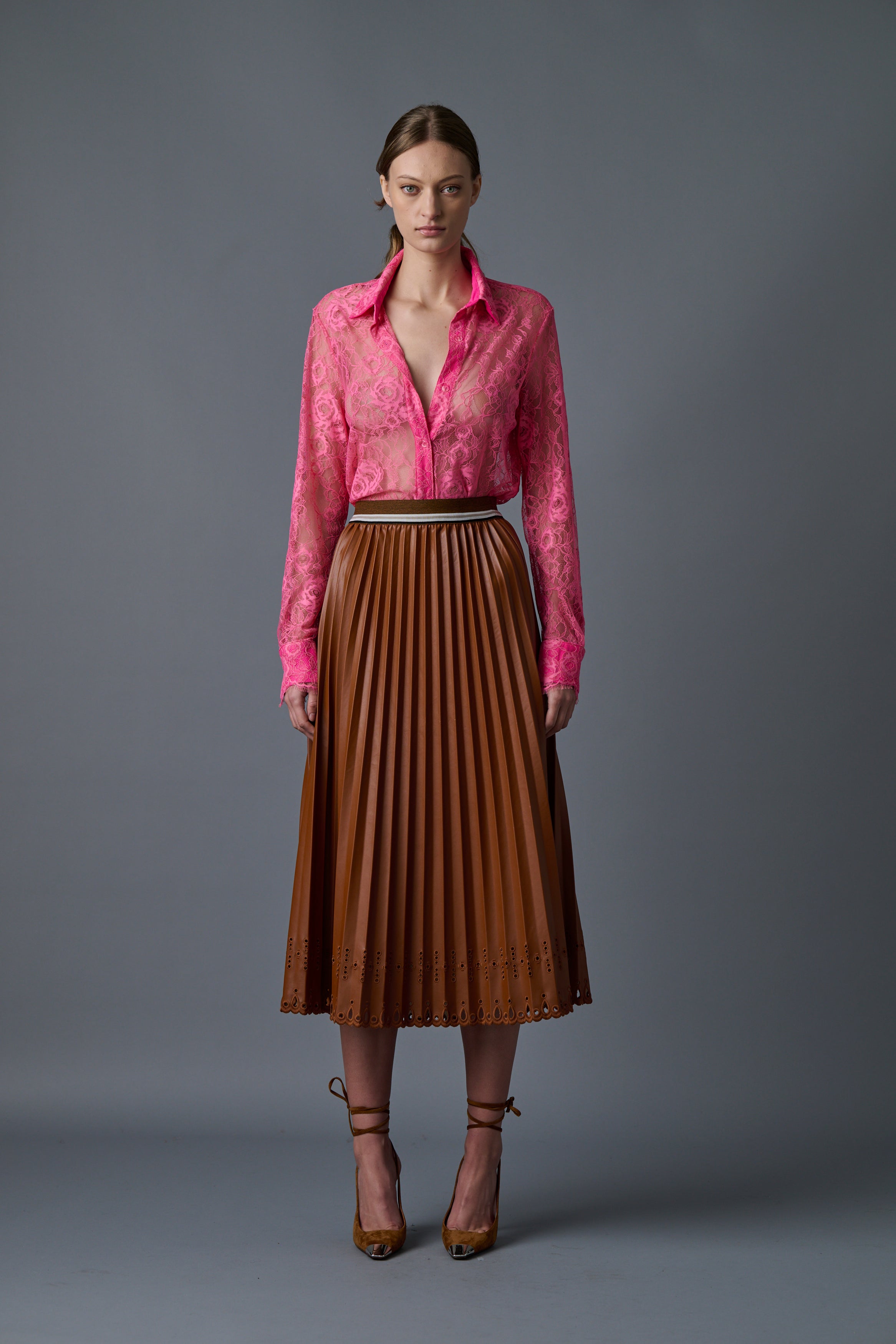 Le Superbe Pleats to meet you skirt brown vegan leather