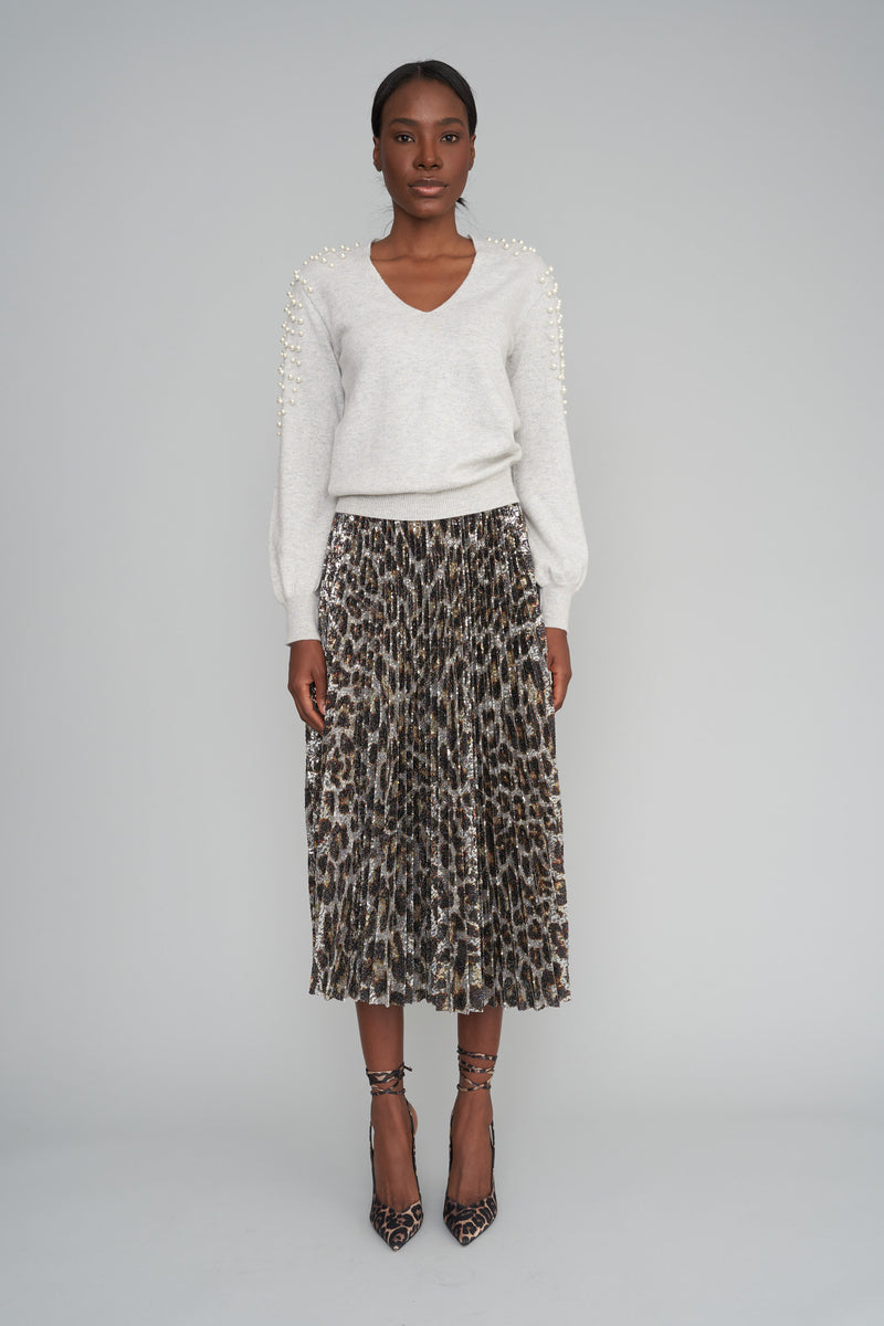 Purrrfect Leopard Sequin Pleated Skirt
